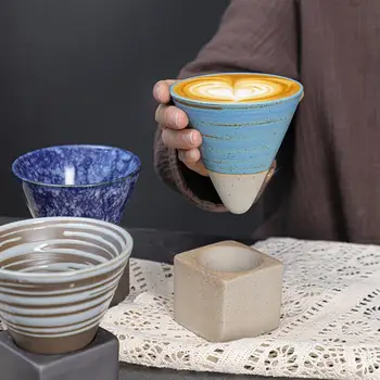 200 мл Ретро Керамическая Кофейная кружка Чашка для чая из грубой керамики Японский Латте с цветочным рисунком Зауженная Чашка Креативная Кофейная чашка из керамики Изображение