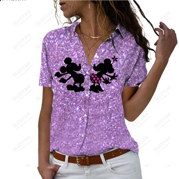 2023 Женская Рубашка с Коротким рукавом, Летний Свободный Повседневный Женский Кардиган на Пуговицах, Дышащая Женская Шифоновая рубашка С 3D Принтом Disney Изображение