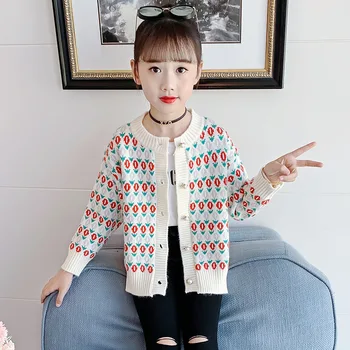 2023 Корейская Демисезонная Детская рубашка-свитер с длинными рукавами для девочек, вязаный свитер для начальной школы, пальто, кардиган для девочек Изображение