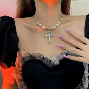2023 Модное Новое винтажное жемчужное ожерелье в стиле хип-хоп, ожерелье с христианским крестом, Женская милая подвеска в стиле панк, подарок для мужчин и женщин Изображение
