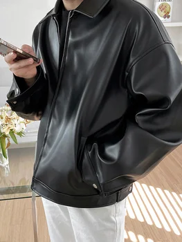 2023, Новая весенне-осенняя крутая роскошная короткая черная куртка из мягкой легкой искусственной кожи, мужская Повседневная мужская куртка и пальто на молнии, модные Изображение