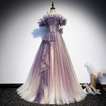 2023 Новое фиолетовое платье принцессы Длинное вечернее платье Роскошное нежное вечернее платье с открытыми плечами Женское платье Vestidos De Fiesta Изображение