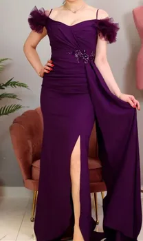 2023 Темно-фиолетовое вечернее платье без рукавов на бретельках с высоким разрезом, Роскошное Длинное бальное платье для выпускного вечера, Женское вечернее платье из атласа и тюля Изображение