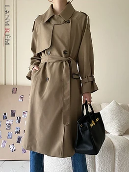 LANMREM Модный Тренч для женщин с длинными рукавами и двойным нагрудником, женские пальто с поясом средней длины, Осенняя новинка 2023 года, Уличная одежда 2AA1038 Изображение