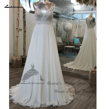 Lakshmigown Простое пляжное шифоновое свадебное платье трапециевидной формы для женщин Robees De Mariage 2023, свадебные платья в стиле бохо с V-образным вырезом, расшитым бисером. Изображение
