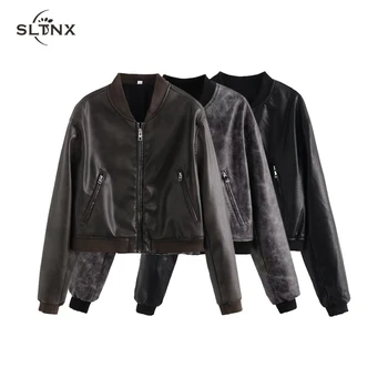 SLTNX Винтажная куртка из искусственной кожи для женщин 2023, короткие пальто с воротником-стойкой, женская куртка из искусственной кожи для Хай-стрит, Новая верхняя одежда Изображение