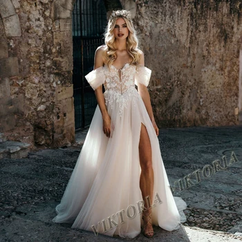 VIKTORIA Modern 2023, свадебные платья с открытыми плечами и разрезом по бокам для невесты, трапециевидные аппликации, женские Vestidos De Novia, сшитые на заказ Изображение
