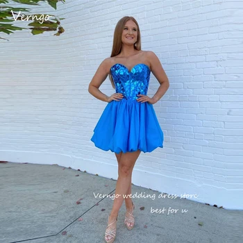 Verngo 2023 Блестящие синие короткие платья для выпускного вечера, милое Мини-сексуальное коктейльное платье, вечерние платья для возвращения Домой, вечерние платья на шнуровке сзади Изображение