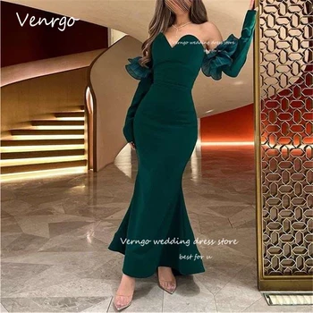 Verngo Дубай Арабские женские Изумрудно-зеленые вечерние платья русалки с пышными длинными рукавами для выпускного вечера Официальная вечеринка Изображение