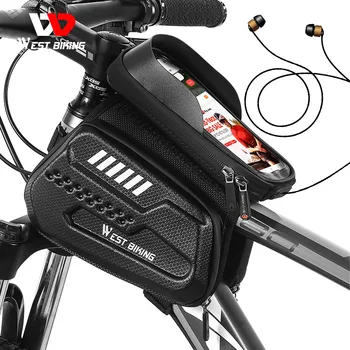 WEST BIKING Передняя рама MTB Велосипедная сумка Водонепроницаемая велосипедная сумка Чехол для телефона с сенсорным экраном Велосипедные сумки MTB Велосипедная трубка Велосипедная сумка Изображение