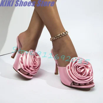 Атласные розовые сандалии с острым носком и тапочки на высоком каблуке, свадебные туфли, сексуальные, элегантные, милые, универсальные Изображение
