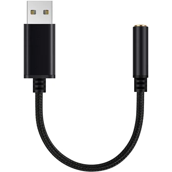 Аудиоадаптер с разъемом USB для наушников 3,5 мм, внешняя стереозвукокарта для ПК, ноутбука, PS4, Mac и т.д. (0,6 фута, черный) Изображение