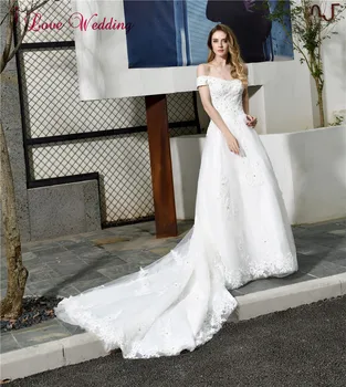 Белое элегантное свадебное платье с открытыми плечами, расшитое бисером, Кружевные аппликации, Свадебные платья на заказ Со шлейфом на шнуровке сзади Vestido De Noiva Изображение
