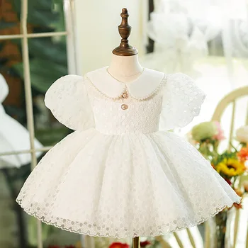 Белые Элегантные платья с пышными рукавами, нарядные платья для дня рождения, кукольный воротник, Милое кружевное многоуровневое платье принцессы, простое однотонное платье в цветочек для девочек Изображение