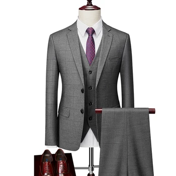 Блейзеры, куртка, брюки, жилет / 2023 Модный Новый мужской повседневный бутик, деловой костюм в британскую клетку и полоску, пальто, брюки, жилет Изображение
