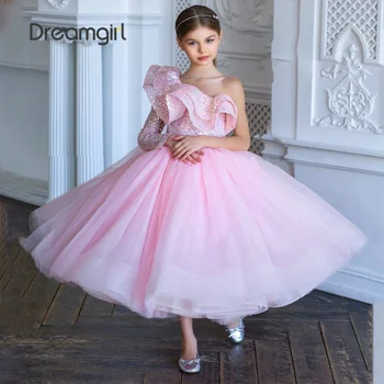 Блестящие розовые платья для девочек в цветочек на свадьбу, расшитое блестками платье принцессы на одно плечо, детское праздничное платье на день рождения, Первое причастие Изображение