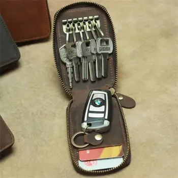 Брелок для ключей от машины в винтажном стиле Crazy Horse, кожаный бумажник для ключей, держатель для карт, брелок для ключей, сумка для ключей, короткий кошелек в стиле ретро Изображение
