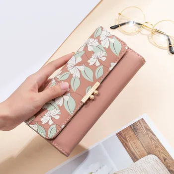 Брендовая женская милая модная сумочка, длинный кошелек с цветочным принтом, кошелек для телефона, женский трехстворчатый клатч, кошельки большой емкости Изображение