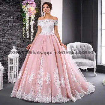 Великолепные Розовые свадебные платья С кружевной аппликацией, вырез лодочкой, Открытые плечи, Короткие рукава, Вечернее Бальное платье, платье невесты, Vestids de noiva Изображение