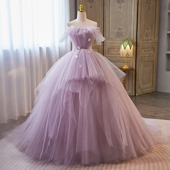 Вечернее платье Фиолетового цвета С вырезом лодочкой и короткими рукавами, Бальное платье на шнуровке из тюля длиной до пола, Элегантные Вечерние платья для вечеринок, Женское платье B2819 Изображение