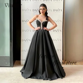 Вечерние платья Viisher из черного атласа трапециевидной формы с бисером, длинное вечернее платье для выпускного вечера в форме сердца, вечерние платья для вечеринок в Саудовской Аравии Изображение