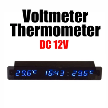 Вольтметр 3в1 + Термометр + Часы Автомобильный монитор постоянного тока 12 В Цифровой Светодиодный Измеритель напряжения, времени и температуры в помещении/на открытом воздухе Изображение