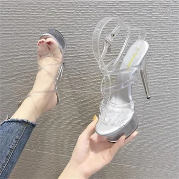 Женская обувь для ночного клуба на подиуме пикантные прозрачные непромокаемые туфли для танцев на шесте стеклянные туфли на высоком каблуке 15 см Изображение