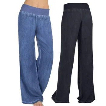 Женские повседневные эластичные джинсовые брюки с высокой талией, широкие брюки-палаццо, джинсовые брюки pantalones de mujer женские брюки 숙녀 바지 플러스 2023 Изображение