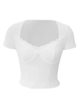 Женские укороченные топы из прозрачной сетки, кружевные футболки в стиле пэчворк с коротким рукавом и вырезом 