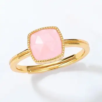 Женское кольцо из розового кварца, серебро 925 пробы, 9-каратное позолоченное кольцо с розовым кристаллом, Ограненные кольца с драгоценными камнями, Регулируемые Anillos Mujer Изображение