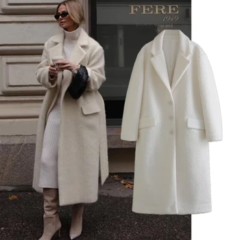 Женское пальто Maxdutti 2023, модный женский белый однобортный тренч, длинное шерстяное пальто в британском стиле Изображение