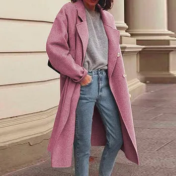 Женское шерстяное пальто, повседневная модная однотонная куртка с V-образным вырезом и карманом, весенне-осенний длинный тренч трапециевидной формы оверсайз Оверсайз Изображение