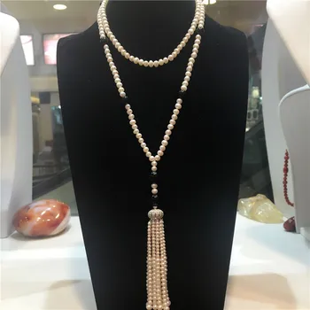Завязанный вручную длинный натуральный 5-6 мм белый пресноводный жемчуг, инкрустированный черным камнем, ожерелье с кисточкой, цепочка для свитера, модные украшения Изображение