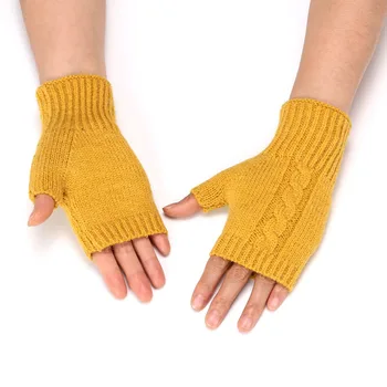 Зимние перчатки, перчатки без пальцев, Полупальцевые женские вязаные теплые лыжные перчатки с сенсорным экраном с отверстием для большого пальца, теплые варежки для рук Изображение