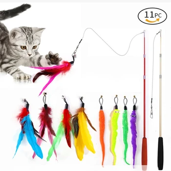 Игрушка для домашних кошек, сменная головка из перьев, дразнящая удочка для кошек, удочка для ловли гусениц, дразнящая игрушка для кошек, набор из 11 штук Изображение