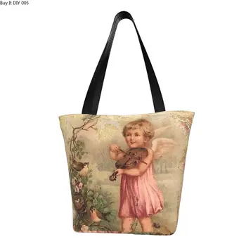 Изготовленная на заказ холщовая хозяйственная сумка Victorian Angel Vintage Rose, женская моющаяся сумка для покупок, сумки для покупок в продуктовом тотализаторе Изображение