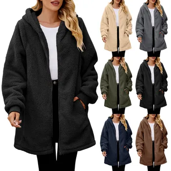 Карманы куртки внутри, женские куртки оверсайз, толстовки из пушистого флиса, верхняя одежда на молнии, пальто с карманами Изображение