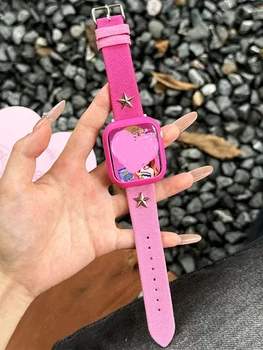 Корейский 3D Звездный Розовый Холщовый Джинсовый ремешок Для Apple Watch 7 8 SE 6 5 4 Милый Девичий Кожаный ремешок Для iwatch 41 мм 38 мм 45 42 44 40 49 м Изображение