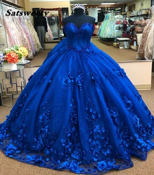Королевский синий 3D с цветочным узором, бальное платье, пышные платья для выпускного вечера, Жемчуг, милые вечерние платья принцессы Sweet 16 Vestido Изображение