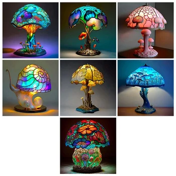 Креативная настольная лампа серии Stained Plant, красочная прикроватная тумбочка для спальни, настольная лампа в стиле ретро-гриб, атмосферный свет Изображение