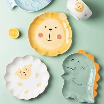 Креативные Корейские Мультяшные Керамические столовые приборы Милая Детская тарелка Тарелка с динозавром Домашнее блюдо со Львом Десертная Тарелка Фруктовая тарелка Изображение