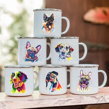 Креативные кофейные чашки с акварельным рисунком собаки, напитки, Вино, пиво, сок, Чашки для молока, Походная кружка, Эмалированные кружки с ручкой, Подарки для собак-любителей Изображение