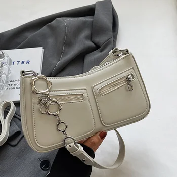 Крутая женская сумка на цепочке для поездок на работу из искусственной кожи Y2K Женская квадратная сумка на молнии с несколькими карманами Сумка через плечо Изображение