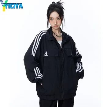 Куртка YICIYA, пальто унисекс в полоску с вышивкой в виде звезд, черный бомбер, корейская модная зимняя мотоциклетная куртка, верхняя одежда, новые наряды, топ Изображение