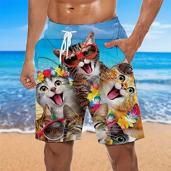 Летние мужские пляжные шорты Y2k с эластичным шнурком, купальники с 3D принтом кота, Дышащие Мягкие пляжные шорты на шнурке для отдыха, S-6XL Изображение