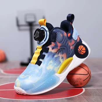 Летняя детская баскетбольная обувь 2023, модная спортивная обувь с поворотной кнопкой для мальчиков, кроссовки для бега для девочек, обувь для баскетбольных тренировок Изображение