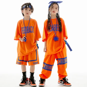 Летняя детская одежда, Оранжевая футболка, брюки, танцевальные костюмы в стиле хип-хоп для девочек, повседневный костюм с короткими рукавами, одежда для уличных танцев для мальчиков BL10888 Изображение