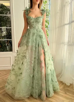 Милый темперамент, травянисто-зеленый, милая 3D наклейка, Тюлевые вечерние платья трапециевидной формы с высоким разрезом, праздничное платье, платья для вечеринки в честь дня рождения Изображение