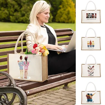 Многоразовая сумка для покупок из джутовой мешковины, сумки для женщин, продуктовая эко-сумка, женская сумка-тоут, тканевая сумка для покупок, кошелек с принтом друзей Изображение