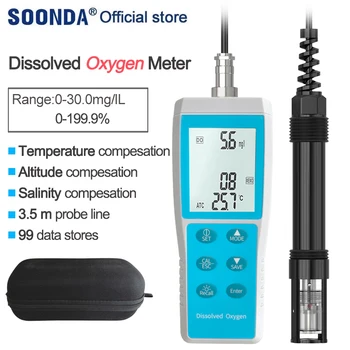 Модернизированный Измеритель растворенного кислорода Tester Analyzer DO Sensor Meter с 3,5-метровым зондом 0-30,00 мг/л 199,9% с ATC и 99 хранилищами данных Изображение